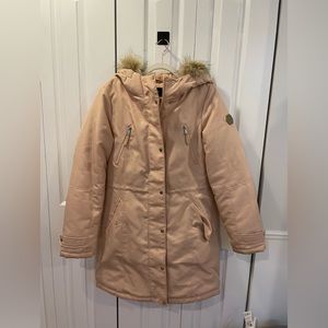 long pink winter puffer coat with fur hood